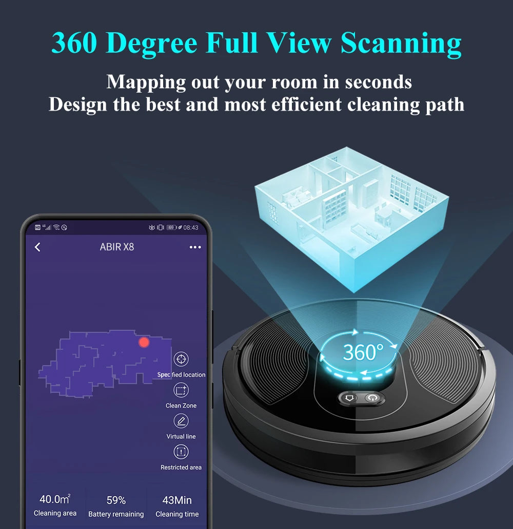 Robot Vacuum Cleaner ABIR X8,Laser Lidar,6500pa Suction,Multi-Floor Map,UV Lamp,TOF Wisdom,APP Restricted Area,Smart Home Mop