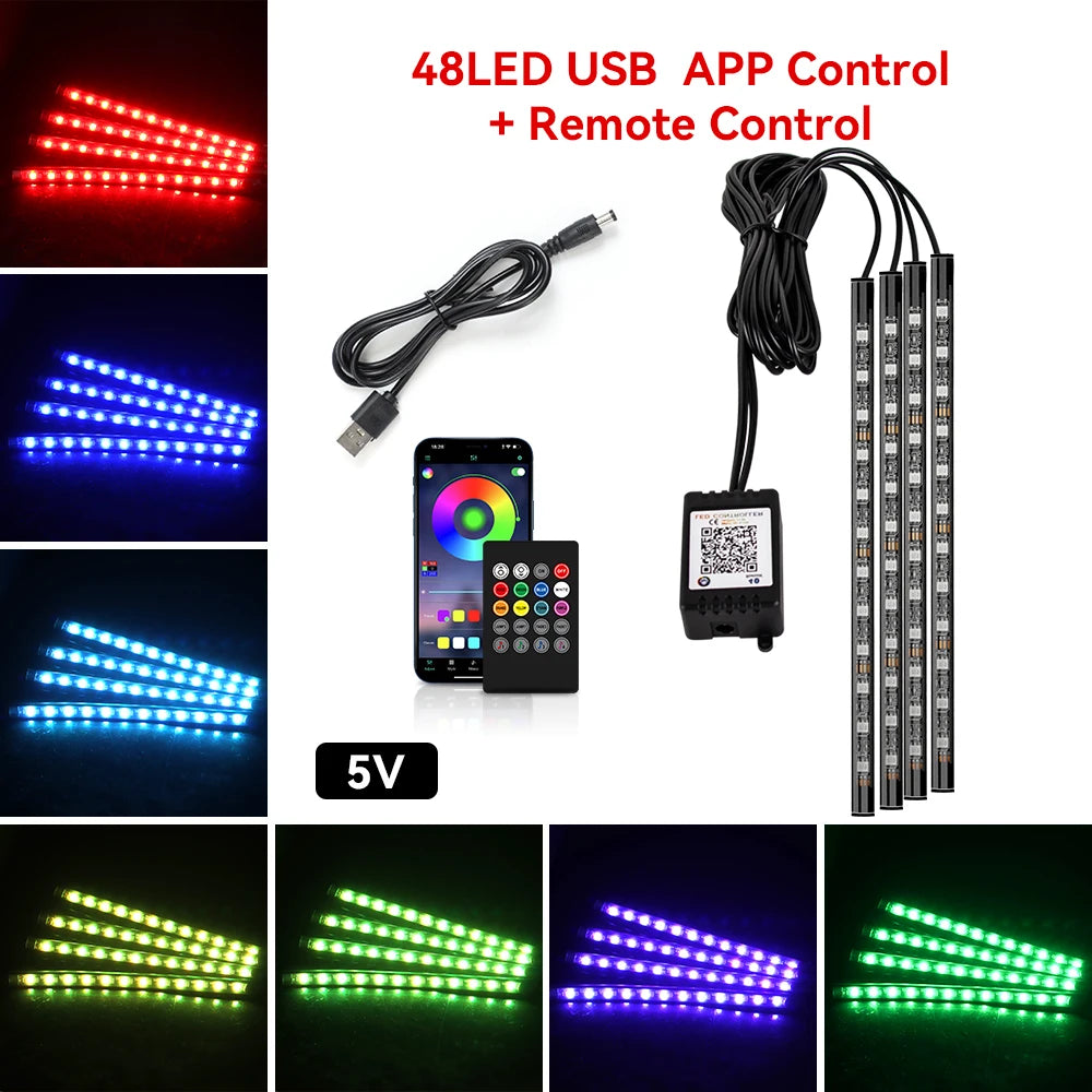 Neon 48 72 LED Car Interior Ambient Foot Light with USB Wireless Remote Music App Control Auto RGB Atmosphere Decorative Lamps