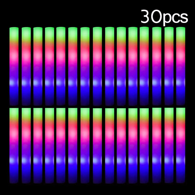 15/30Pcs LED Glow Sticks Bulk Colorful RGB Glow Foam Stick Cheer Tube Dark Light for Xmas Birthday Wedding Party Supplies