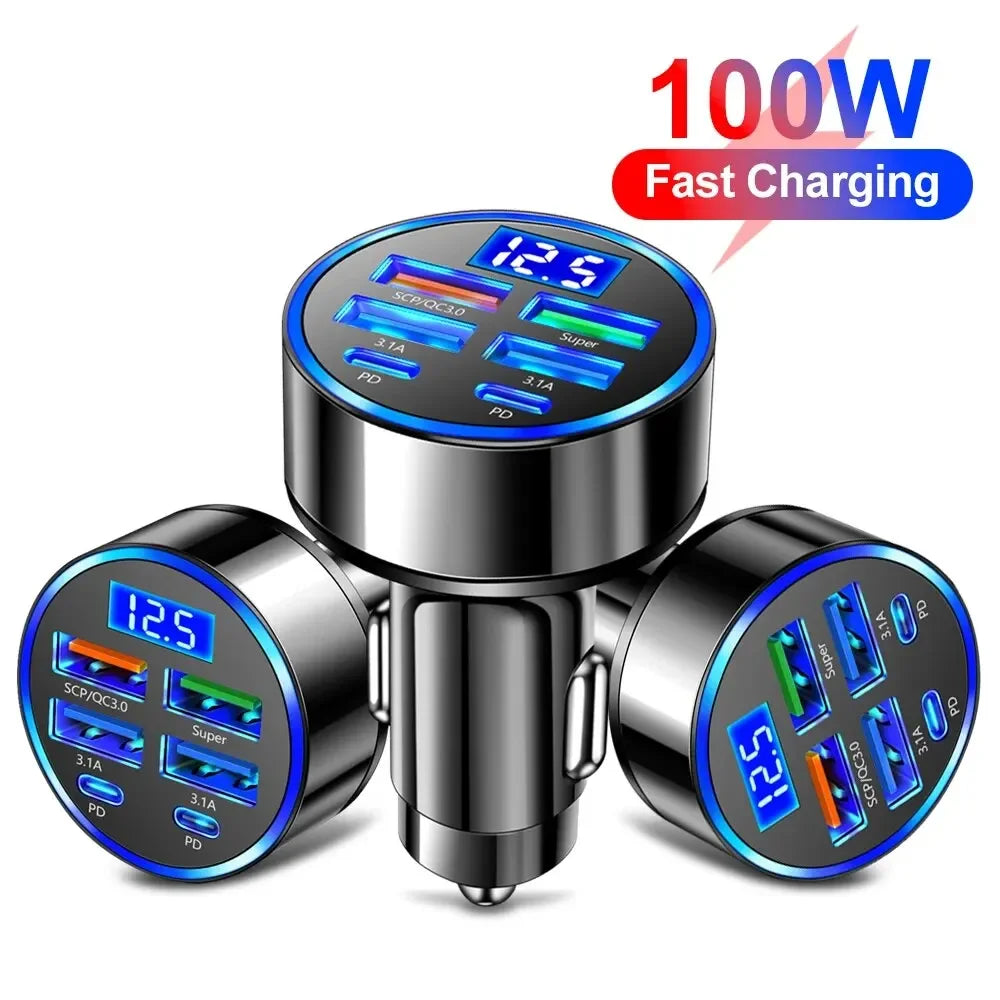 66-250W PD Car Charger QC3.0 Fast Charge One to Six Car Cigarette Lighter Plug Car Charger Flash Charge with Digital Display