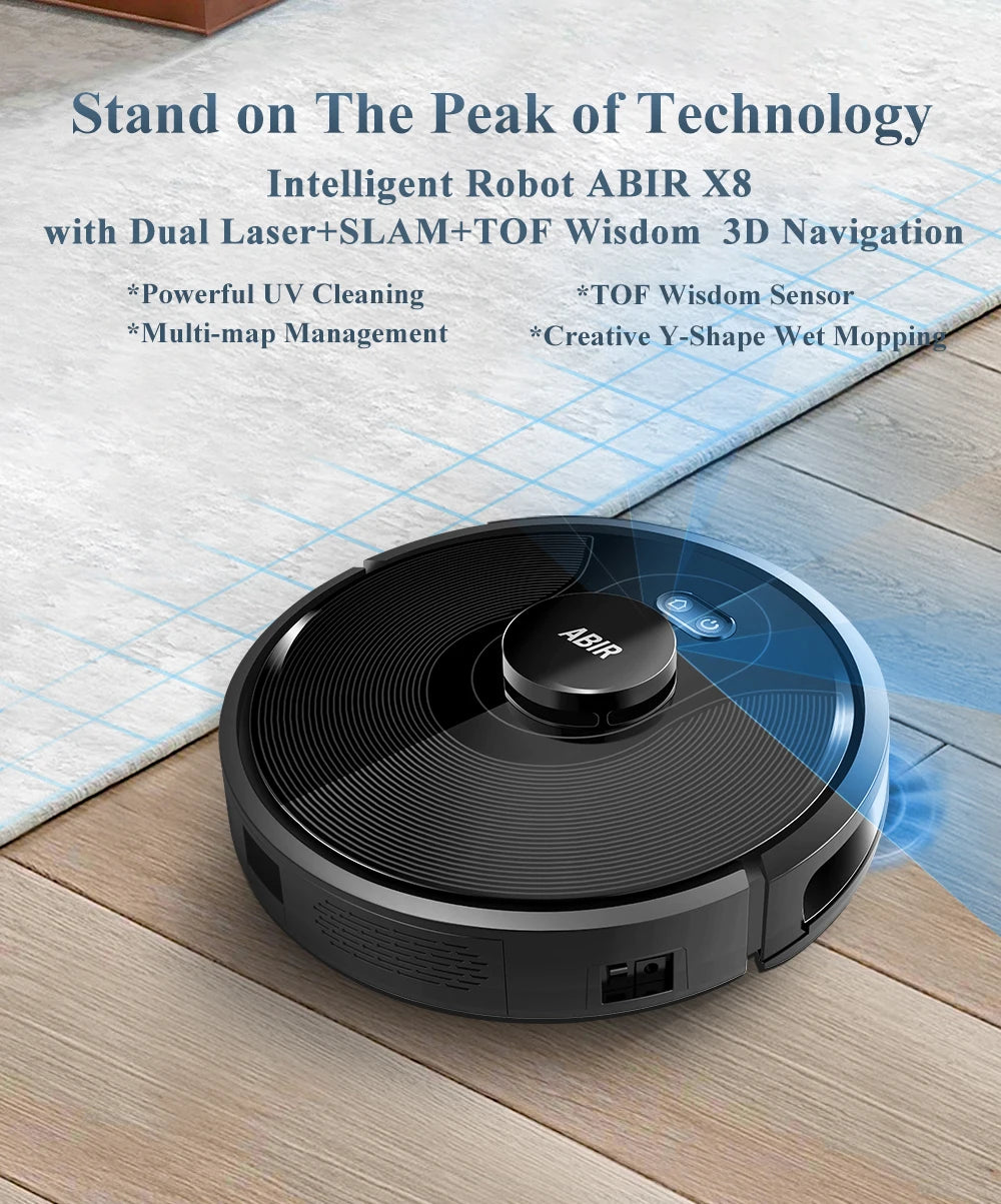 Robot Vacuum Cleaner ABIR X8,Laser Lidar,6500pa Suction,Multi-Floor Map,UV Lamp,TOF Wisdom,APP Restricted Area,Smart Home Mop