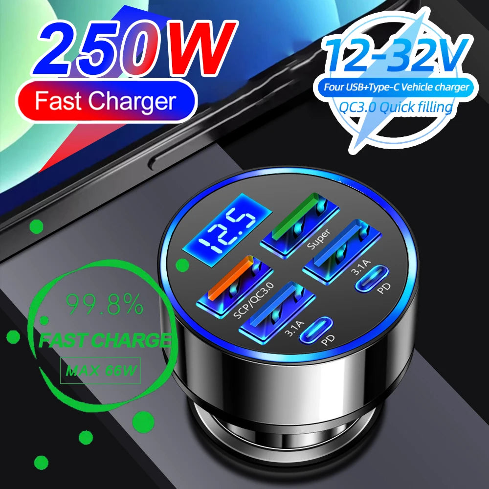 66-250W PD Car Charger QC3.0 Fast Charge One to Six Car Cigarette Lighter Plug Car Charger Flash Charge with Digital Display