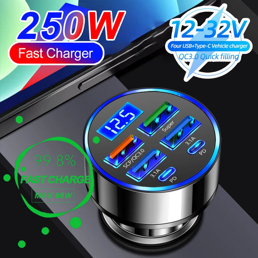 66-250W PD Car Charger QC3.0 Fast Charge One to Six Car Cigarette Lighter Plug Car Charger Flash Charge with Digital Display