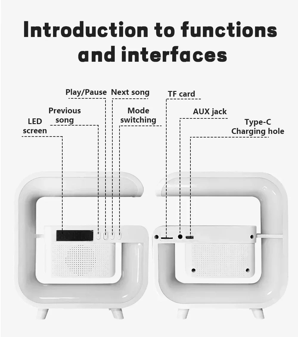 Wireless Charger Station Desk Lamp Night Light Alarm Clock Bluetooth Speaker For iPhone Samsung Xiaomi Fast Charging Stand Pad