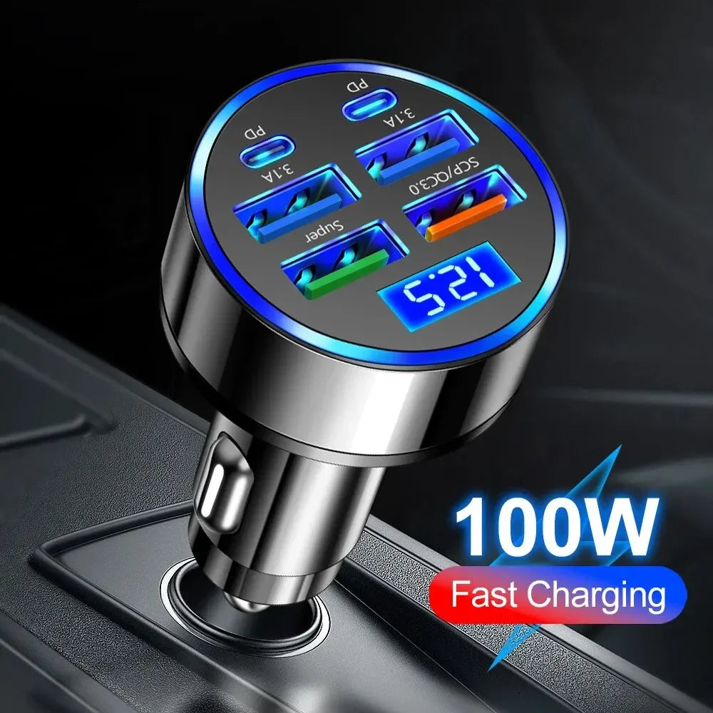 66-250W PD Car Charger QC3.0 Fast Charge One to Six Car Cigarette Lighter Plug Car Charger Flash Charge with Digital Display