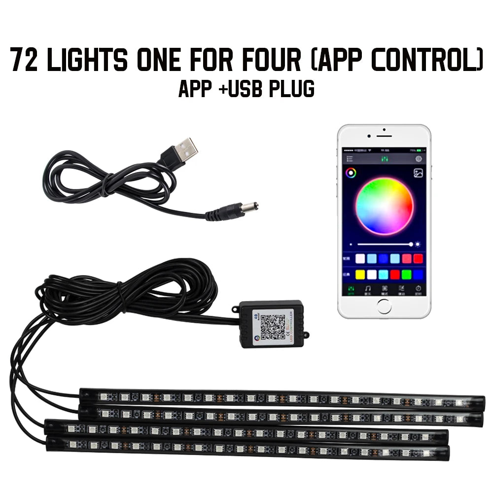 Neon 48 72 LED Car Interior Ambient Foot Light with USB Wireless Remote Music App Control Auto RGB Atmosphere Decorative Lamps