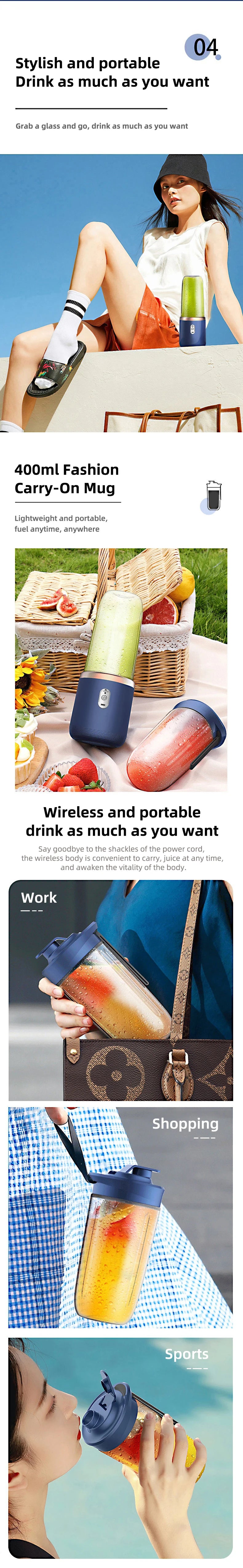 Portable Juicer Blender 400ml Electric Fruit Juicer USB Charging Lemon Orange Fruit Juicing Cup Smoothie Blender Machine 2cups