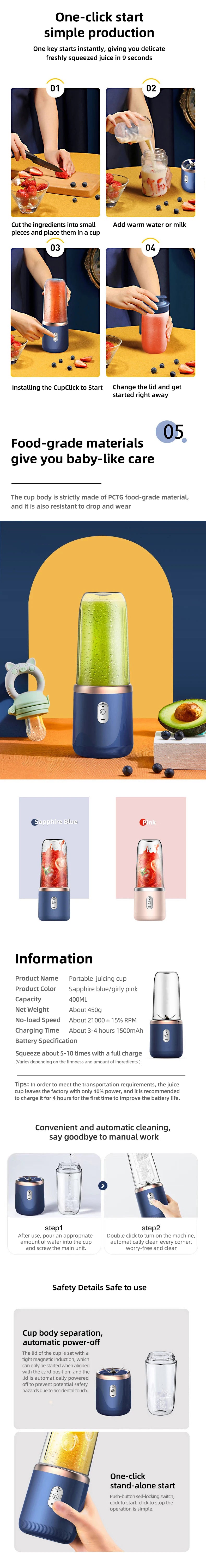 Portable Juicer Blender 400ml Electric Fruit Juicer USB Charging Lemon Orange Fruit Juicing Cup Smoothie Blender Machine 2cups