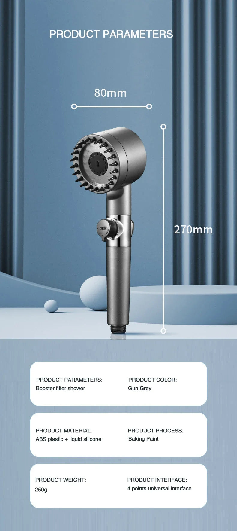 High Pressurized Filter Shower Head 3-mode Adjustable Spray with Massage Brush Rain Faucet Bathroom Accessories