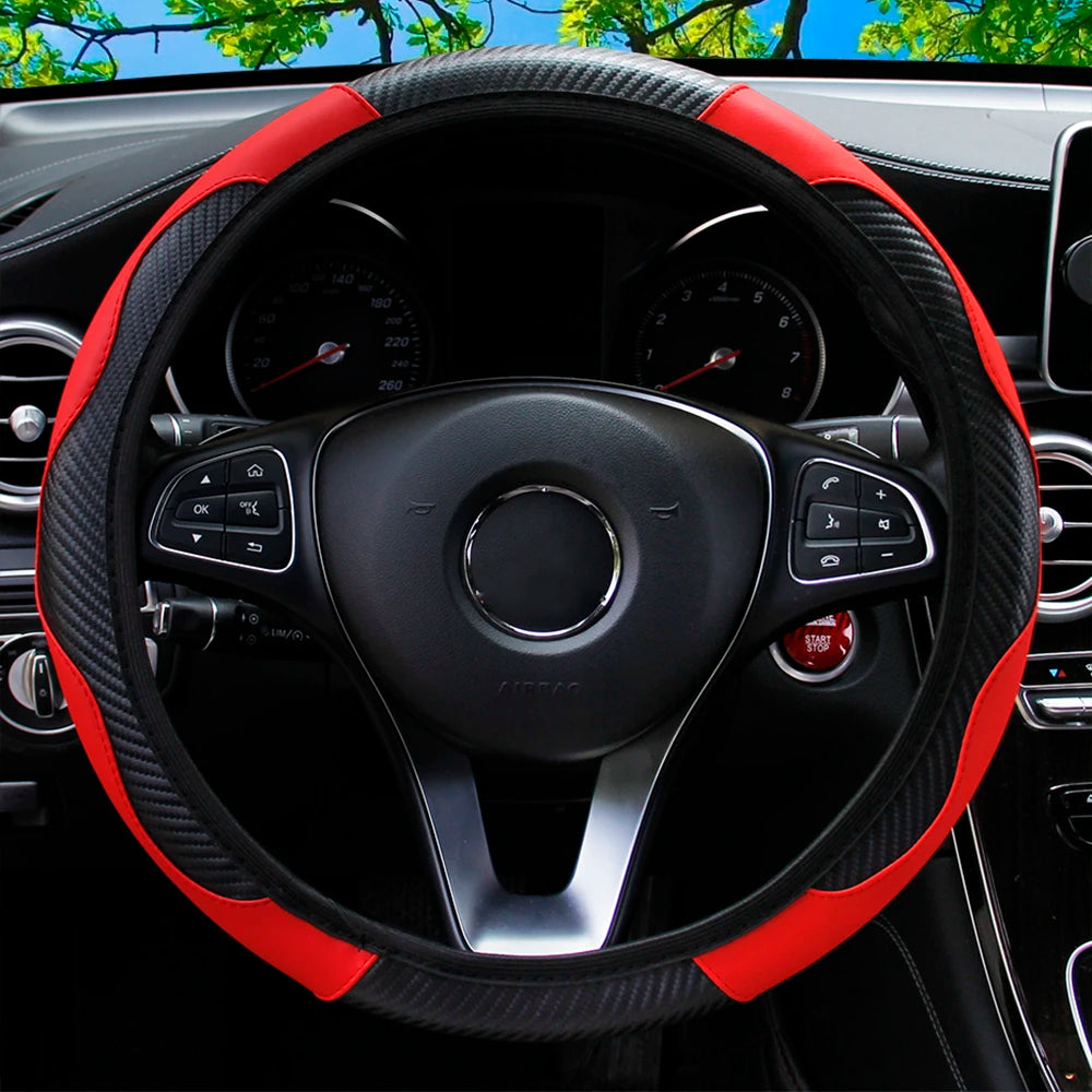 PU Carbon Fiber Leather Car Steering Wheel Cover without Inner Ring Suitable for 14.5-15 Inches of Automotive Supplies