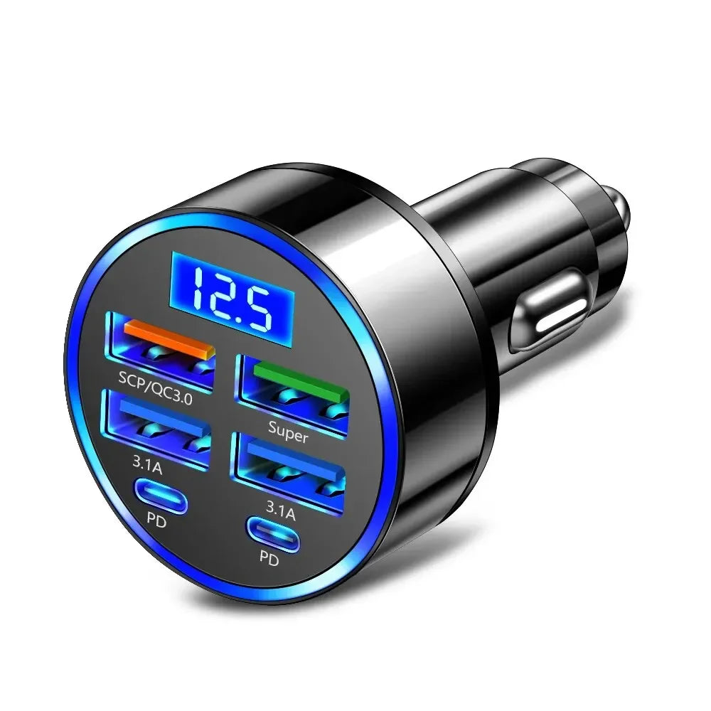 66-250W PD Car Charger QC3.0 Fast Charge One to Six Car Cigarette Lighter Plug Car Charger Flash Charge with Digital Display