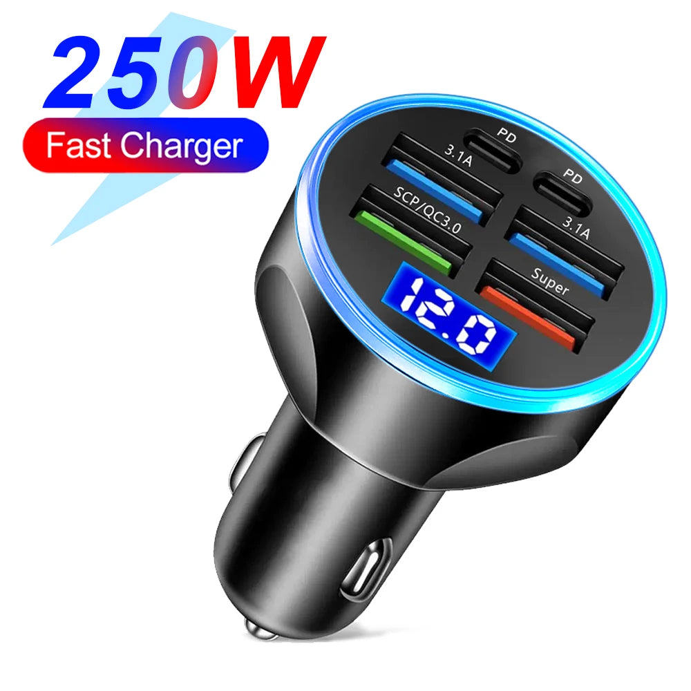 66-250W PD Car Charger QC3.0 Fast Charge One to Six Car Cigarette Lighter Plug Car Charger Flash Charge with Digital Display