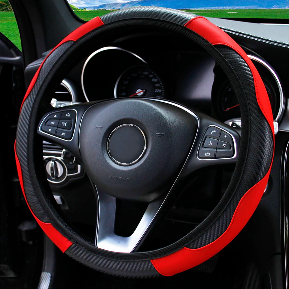 PU Carbon Fiber Leather Car Steering Wheel Cover without Inner Ring Suitable for 14.5-15 Inches of Automotive Supplies