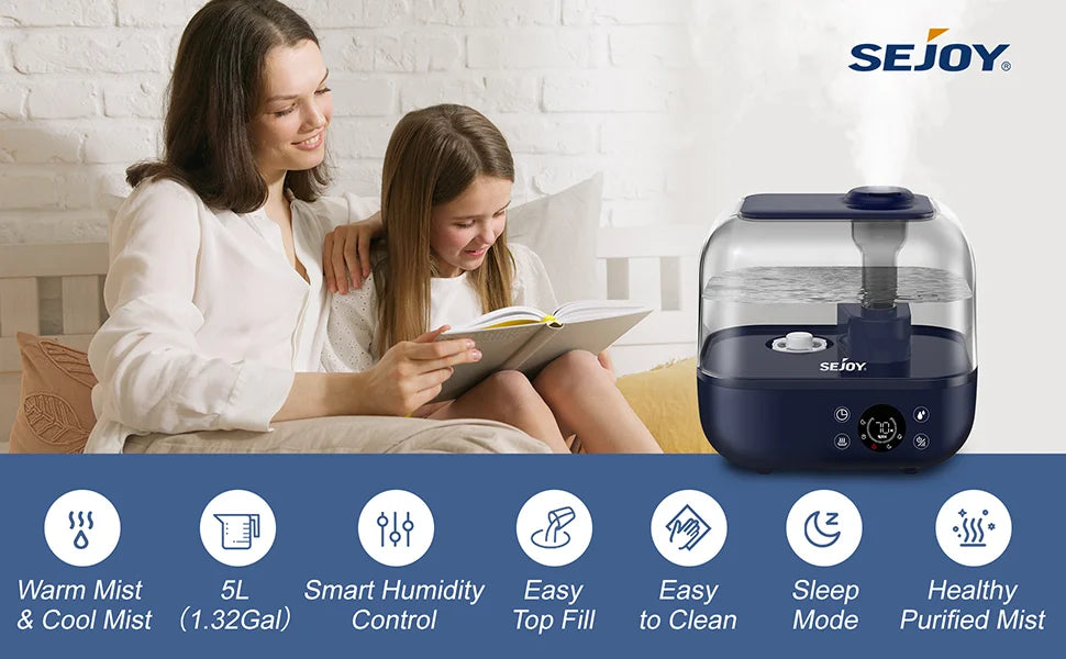 Sejoy Humidifiers for Bedroom Large Room 5L Quiet Ultrasonic Warm & Cool Mist Humidifier