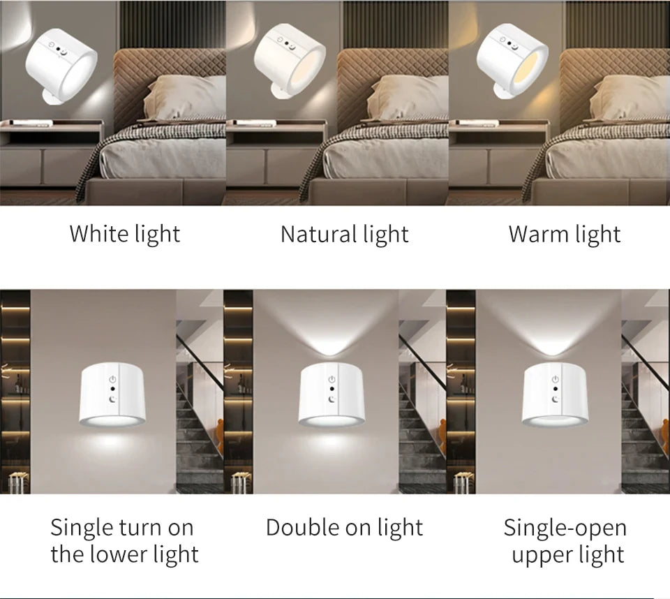 Led Double Head Wall Sconces light Touch Control Remote 360 Rotatable 3 Color Modes Wall Light USB Recharge Wireless Night Light