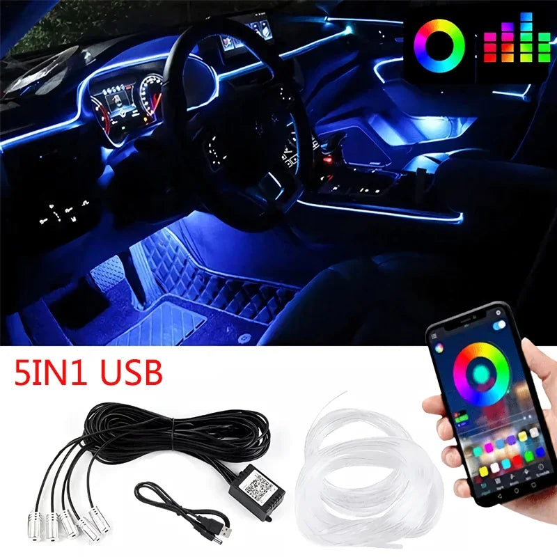 Flexible EL Wire Lights With App Control Ambient Atmosphere Strip Light Decorative Lamps 12V Car Interior Neon RGB Led Strip