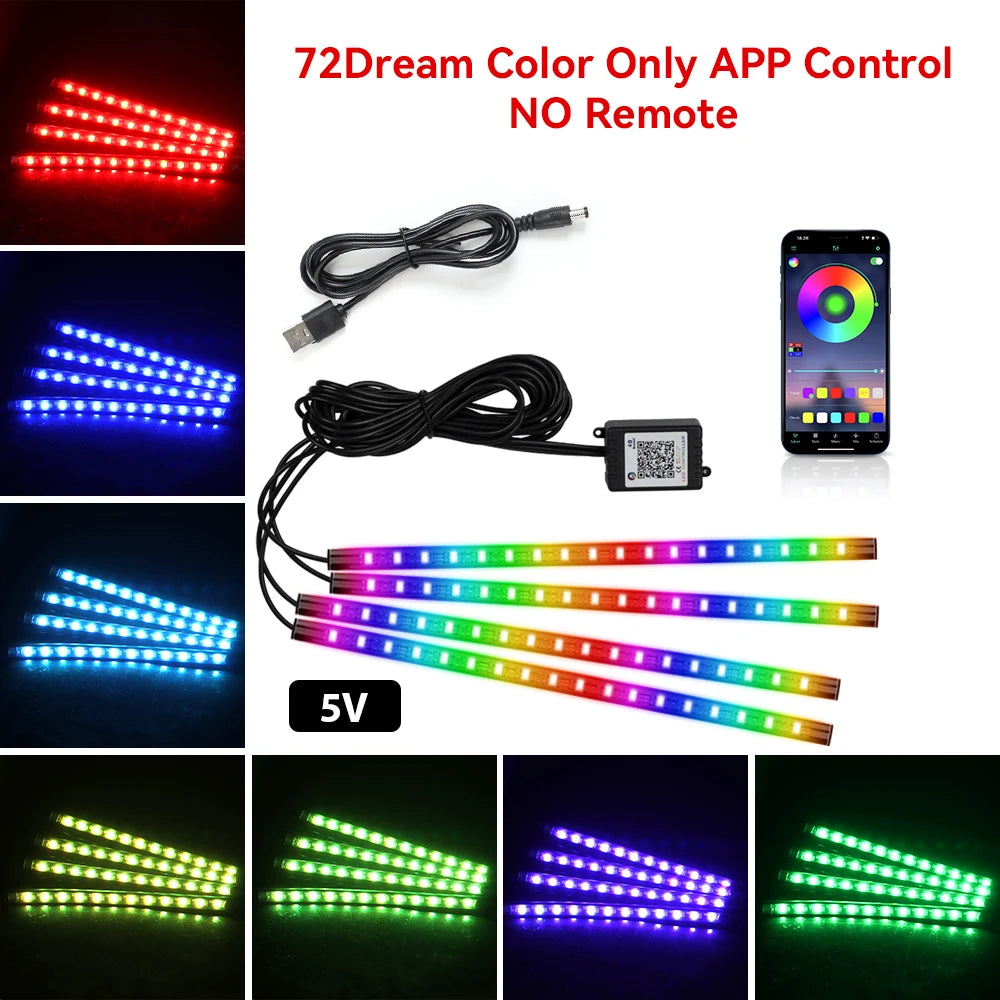 Neon 48 72 LED Car Interior Ambient Foot Light with USB Wireless Remote Music App Control Auto RGB Atmosphere Decorative Lamps