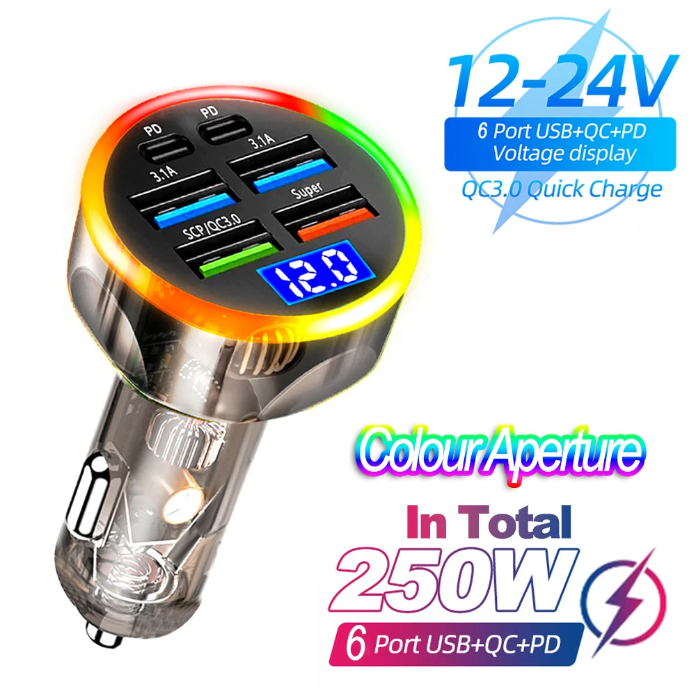 66-250W PD Car Charger QC3.0 Fast Charge One to Six Car Cigarette Lighter Plug Car Charger Flash Charge with Digital Display