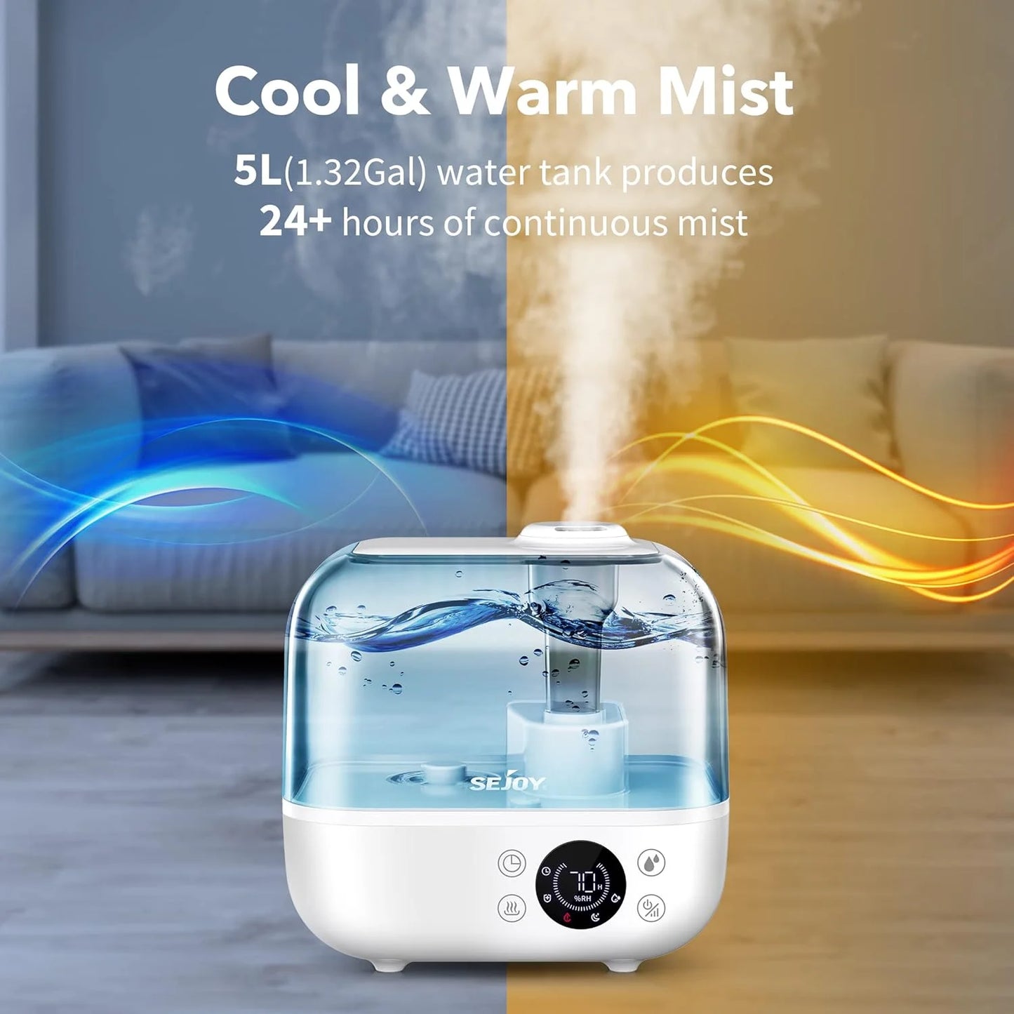 Sejoy Humidifiers for Bedroom Large Room 5L Quiet Ultrasonic Warm & Cool Mist Humidifier