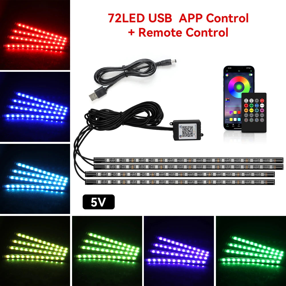 Neon 48 72 LED Car Interior Ambient Foot Light with USB Wireless Remote Music App Control Auto RGB Atmosphere Decorative Lamps